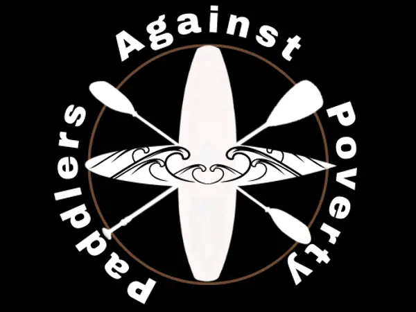 Paddlers Against Poverty logo showing an illustration of a canoe with the text 'Paddlers Against Poverty' displayed in white a circle around the image on a black background.