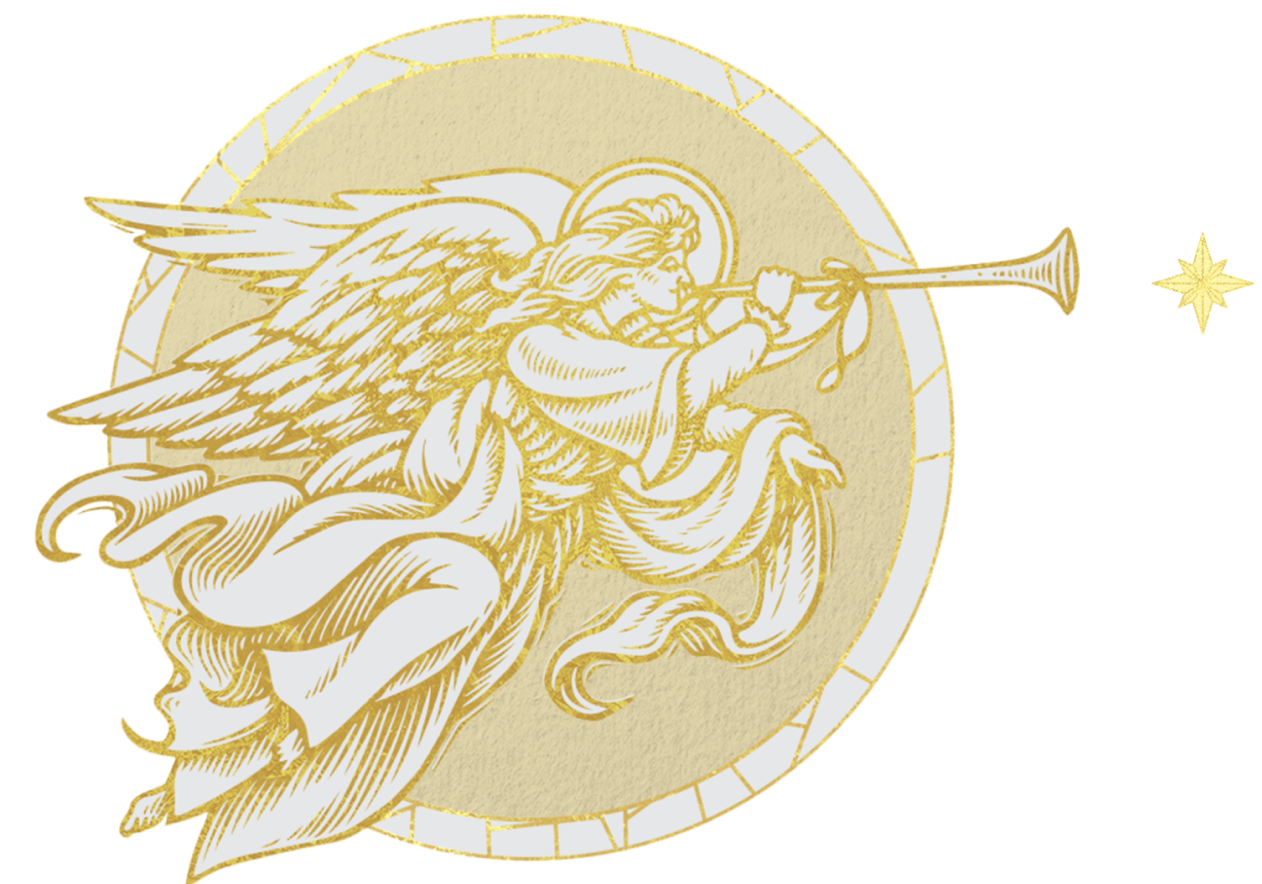 The Archangel Gabriel is illustrated in golden tones trumpeting the good news of Christmas