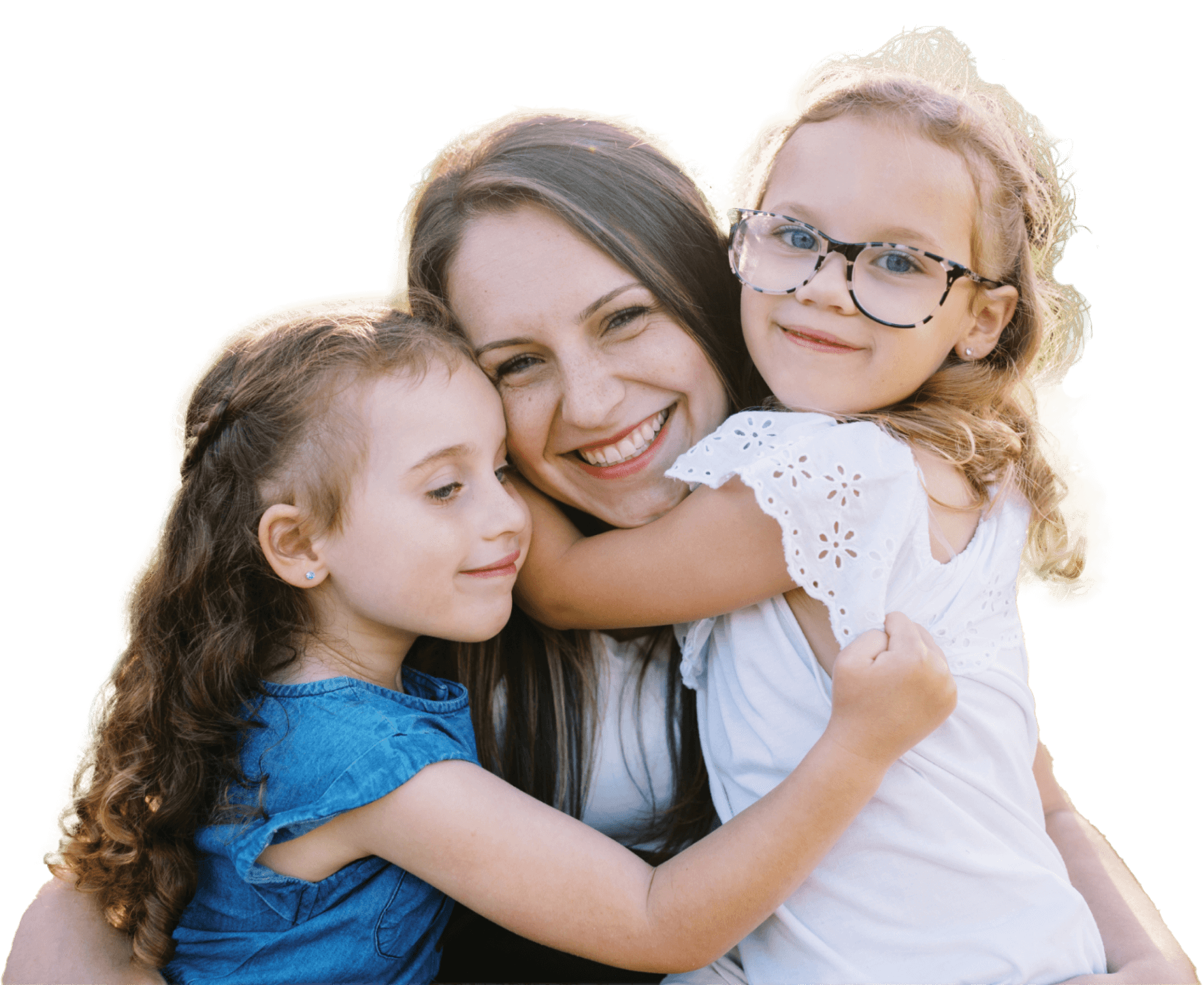 A mother shares a hug with her two daughters